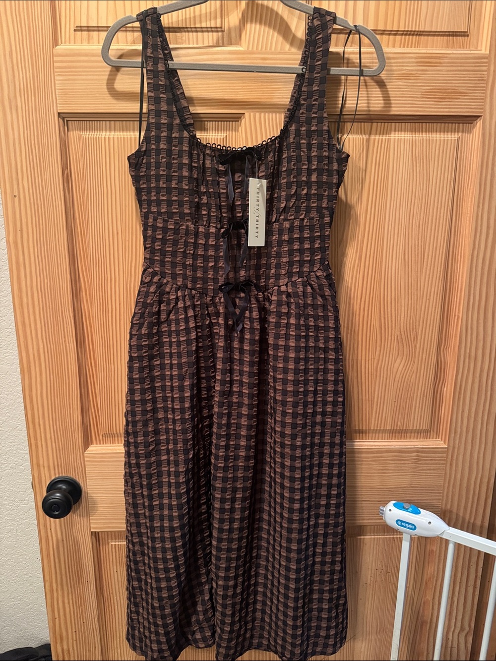 Sleeveless Check Midi Dress with Front Tie in Dark Brown